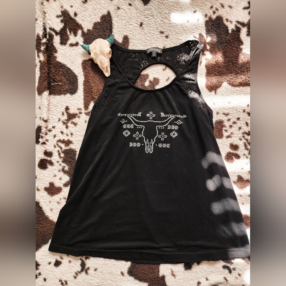 "COWGIRL HARDWARE " WOMEN'S FAUX SUEDE LASER CUT TANKTOP- BLACK